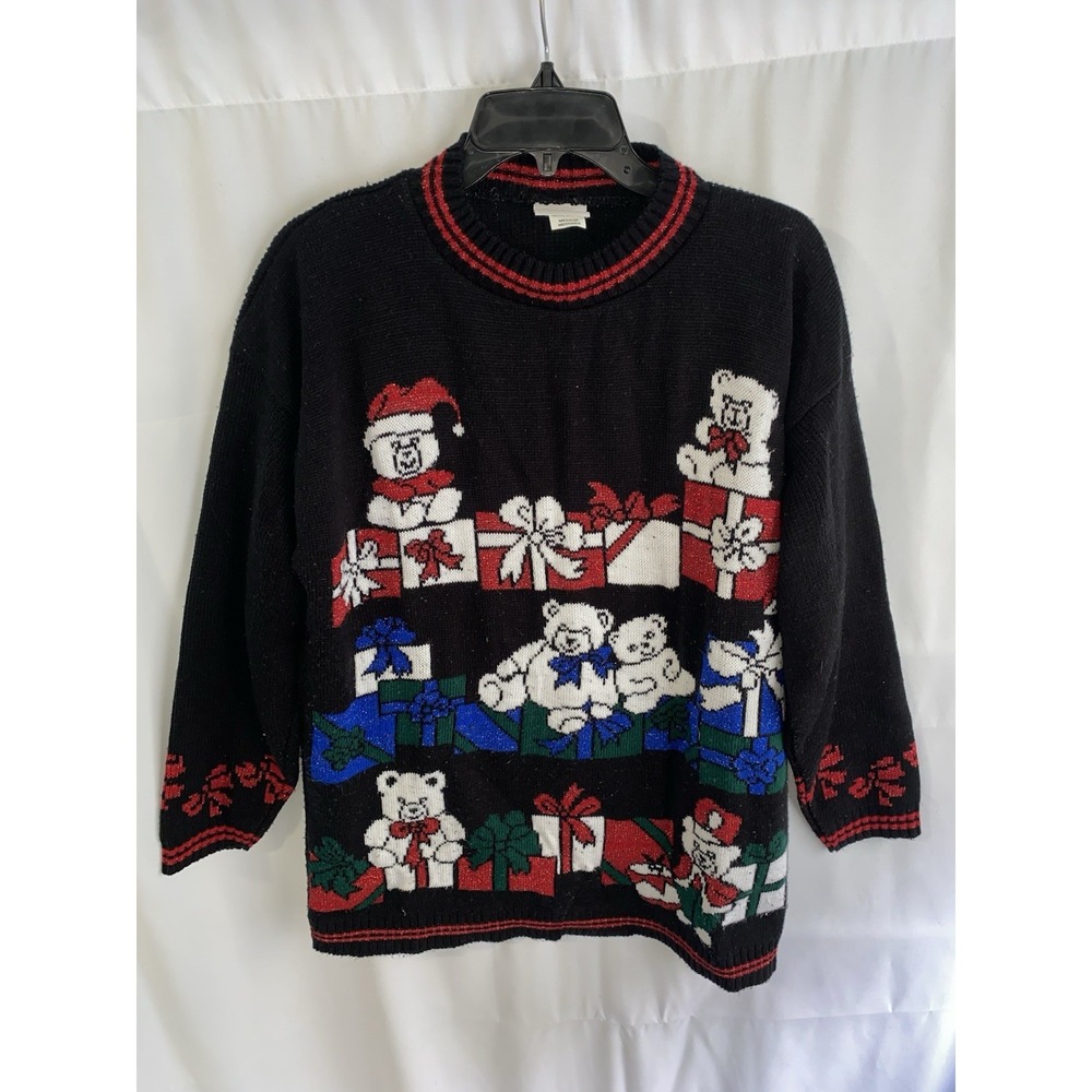 Vintage Christmas Bears‎ Presents Holiday Acrylic Sweater Medium Made USA